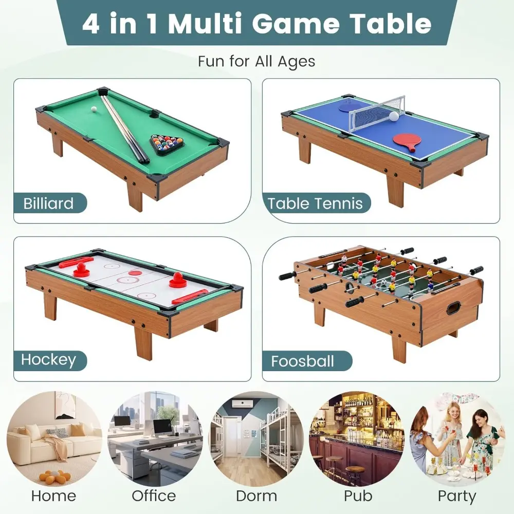 4 in 1 Multi Game Table, 32" Combo Game Table Set Includes Foosball, Pool Table, Hockey and Ping Pong Tabletops with Accessorie