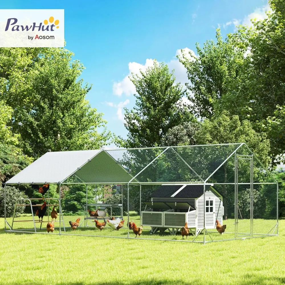 Large Metal Chicken Coop with Nesting Box, Walk in Chicken Run with Waterproof & Anti-UV Cover, Outdoor Duck Cage Rabbit Hutch