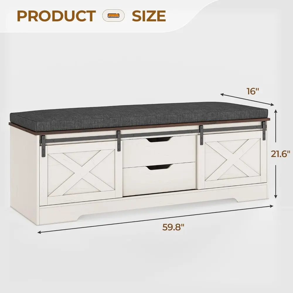 Farmhouse Storage Bench with Cushion, Shoe Rack with Slide Barn Doors, Adjustable Shelf and 2 Drawer for Entry, Bedroom, Closet,