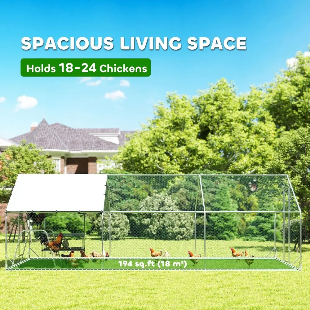 Large Metal Chicken Coop with Nesting Box, Walk in Chicken Run with Waterproof & Anti-UV Cover, Outdoor Duck Cage Rabbit Hutch