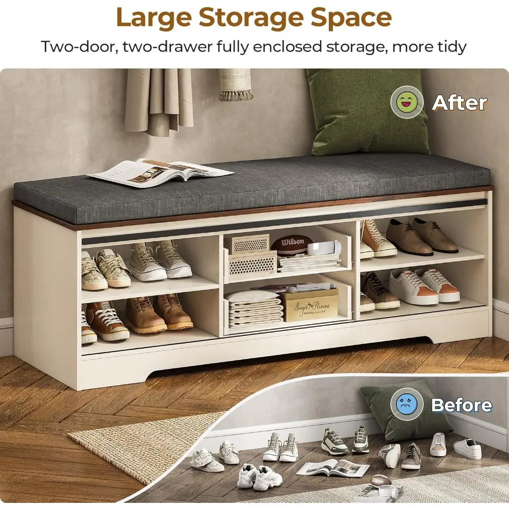 Farmhouse Storage Bench with Cushion, Shoe Rack with Slide Barn Doors, Adjustable Shelf and 2 Drawer for Entry, Bedroom, Closet,