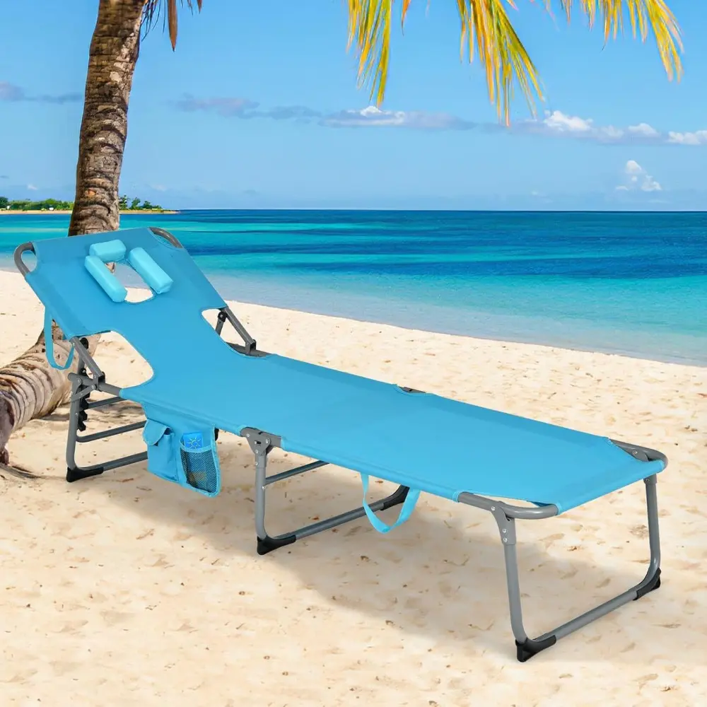 Tanning Chair, Folding Adjustable Patio Lounge Chair with Face Hole, Removable Pillow, 330LBS, Carry Strap, Outdoor Sunbathing