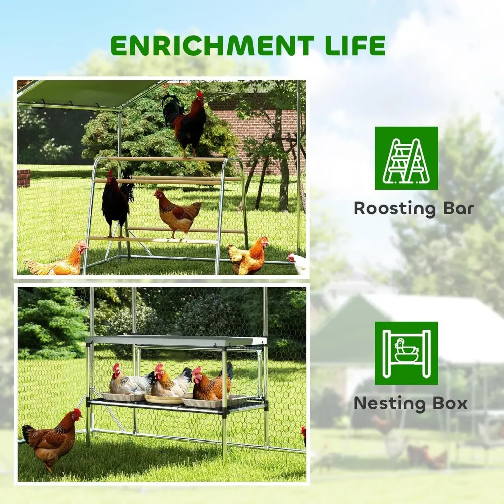Large Metal Chicken Coop with Nesting Box, Walk in Chicken Run with Waterproof & Anti-UV Cover, Outdoor Duck Cage Rabbit Hutch