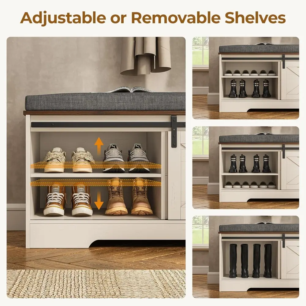 Farmhouse Storage Bench with Cushion, Shoe Rack with Slide Barn Doors, Adjustable Shelf and 2 Drawer for Entry, Bedroom, Closet,
