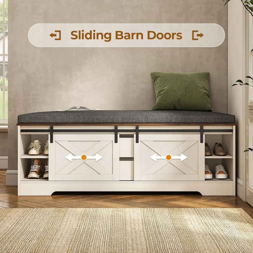 Farmhouse Storage Bench with Cushion, Shoe Rack with Slide Barn Doors, Adjustable Shelf and 2 Drawer for Entry, Bedroom, Closet,