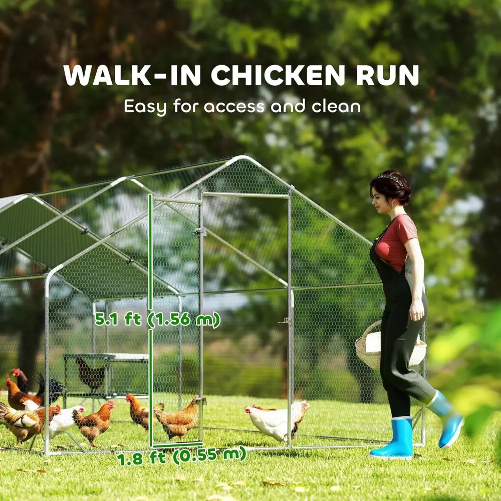 Large Metal Chicken Coop with Nesting Box, Walk in Chicken Run with Waterproof & Anti-UV Cover, Outdoor Duck Cage Rabbit Hutch