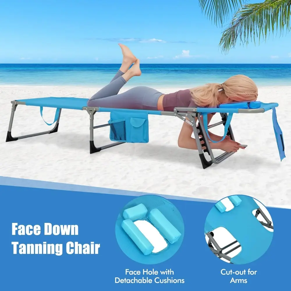 Tanning Chair, Folding Adjustable Patio Lounge Chair with Face Hole, Removable Pillow, 330LBS, Carry Strap, Outdoor Sunbathing