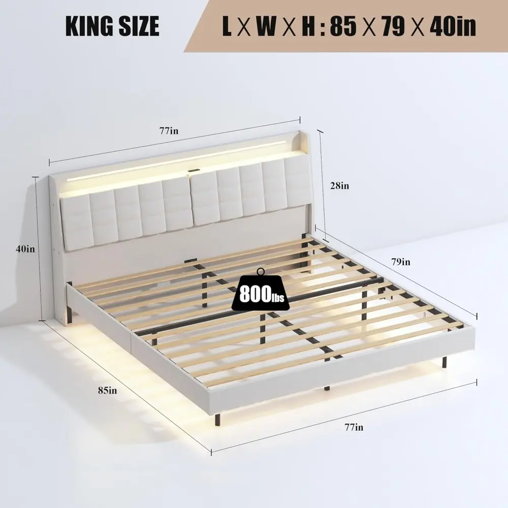 King Size Floating Bed Frame with LED Light and Charging Station,Upholstered Platform Bed Frame with Velvet Headboard and Hidden