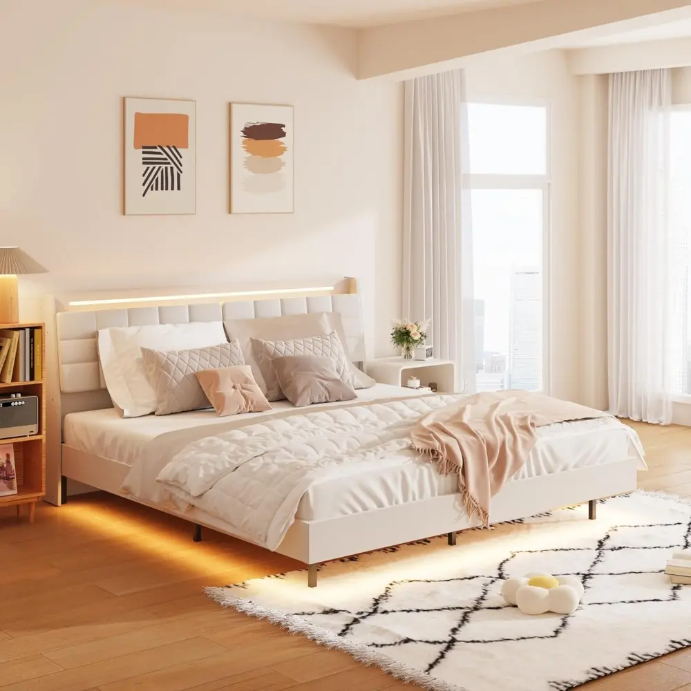 King Size Floating Bed Frame with LED Light and Charging Station,Upholstered Platform Bed Frame with Velvet Headboard and Hidden