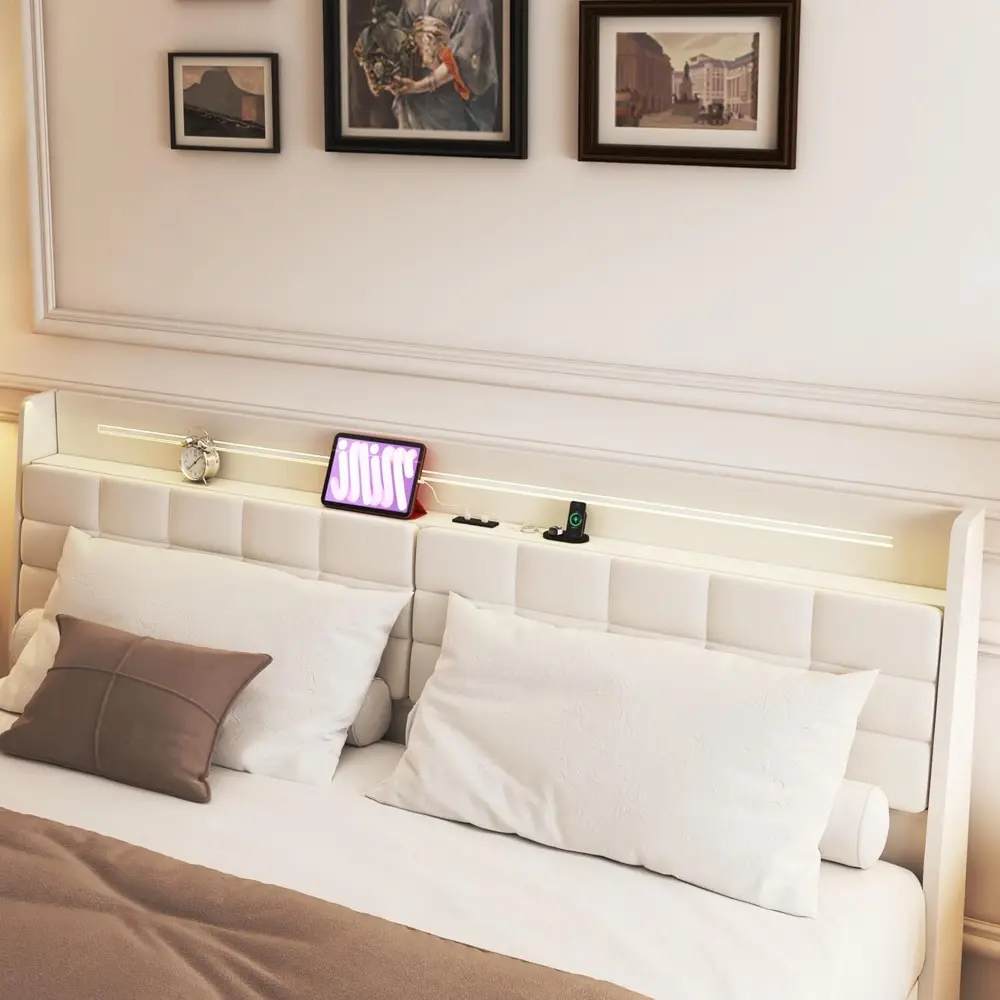King Size Floating Bed Frame with LED Light and Charging Station,Upholstered Platform Bed Frame with Velvet Headboard and Hidden