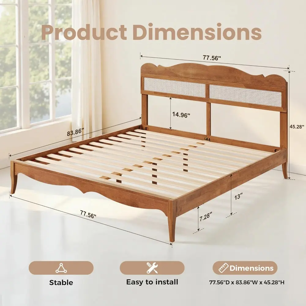 PHI VILLA Rattan King Bed Frame with Headboard, Wood Mid Century Boho Bed Frames, No Box Spring Needed, Brown