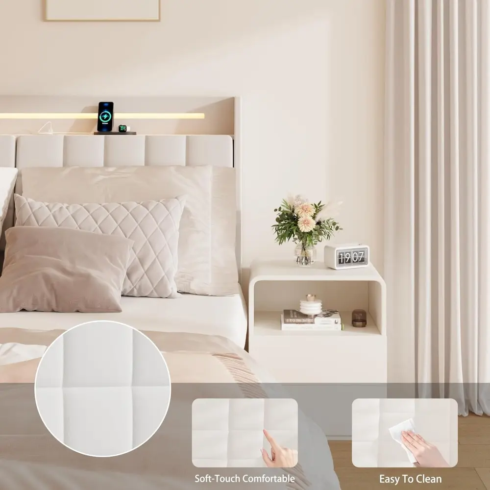 King Size Floating Bed Frame with LED Light and Charging Station,Upholstered Platform Bed Frame with Velvet Headboard and Hidden