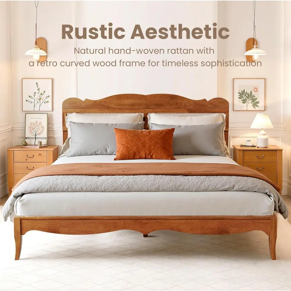 PHI VILLA Rattan King Bed Frame with Headboard, Wood Mid Century Boho Bed Frames, No Box Spring Needed, Brown