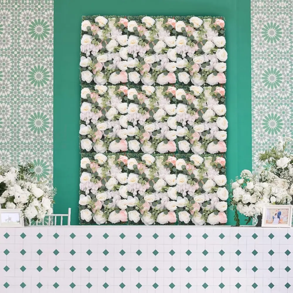 Artificial Flower Wall Panels,6PCS Flower Wall Background Silk Rose Mat,Silk Hydrangea Rose Floral Panel for Home Party Wedding