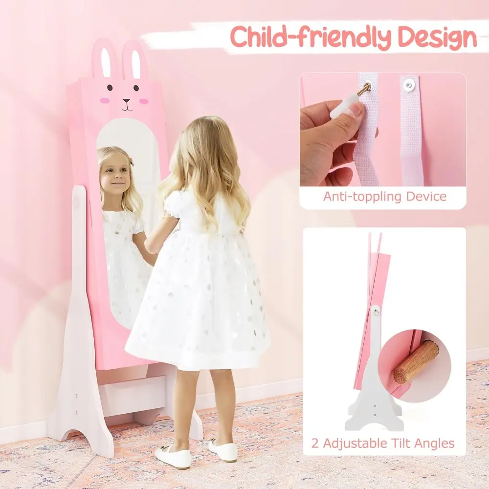Kids Vanity Set & Jewelry Armoire Cabinet, Wooden Kids Vanity Table and Chair Set, Standing Jewelry Organizer with Full-Length