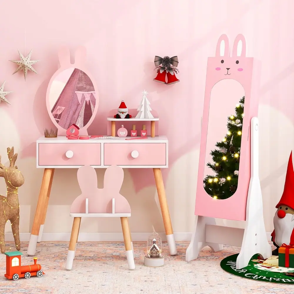 Kids Vanity Set & Jewelry Armoire Cabinet, Wooden Kids Vanity Table and Chair Set, Standing Jewelry Organizer with Full-Length