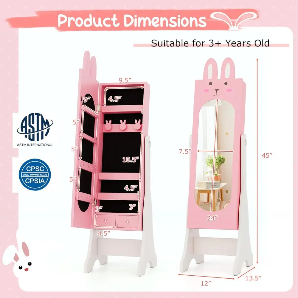 Kids Vanity Set & Jewelry Armoire Cabinet, Wooden Kids Vanity Table and Chair Set, Standing Jewelry Organizer with Full-Length