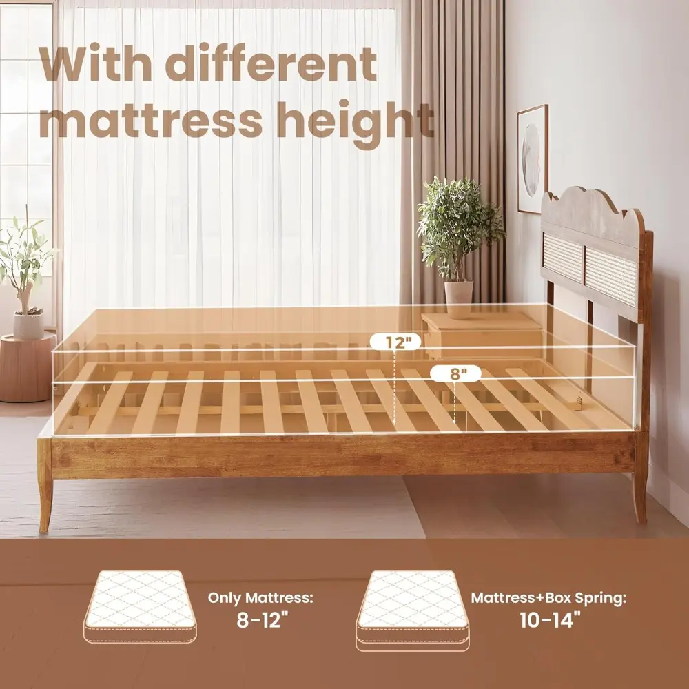 PHI VILLA Rattan King Bed Frame with Headboard, Wood Mid Century Boho Bed Frames, No Box Spring Needed, Brown
