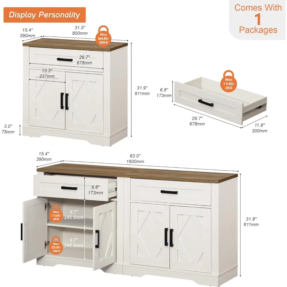 2 Pieces Modern Farmhouse Large Sideboard Cabinet,Wood Barn Door Buffet Cabinet Table with Storage and Drawers for Kitchen,Dini
