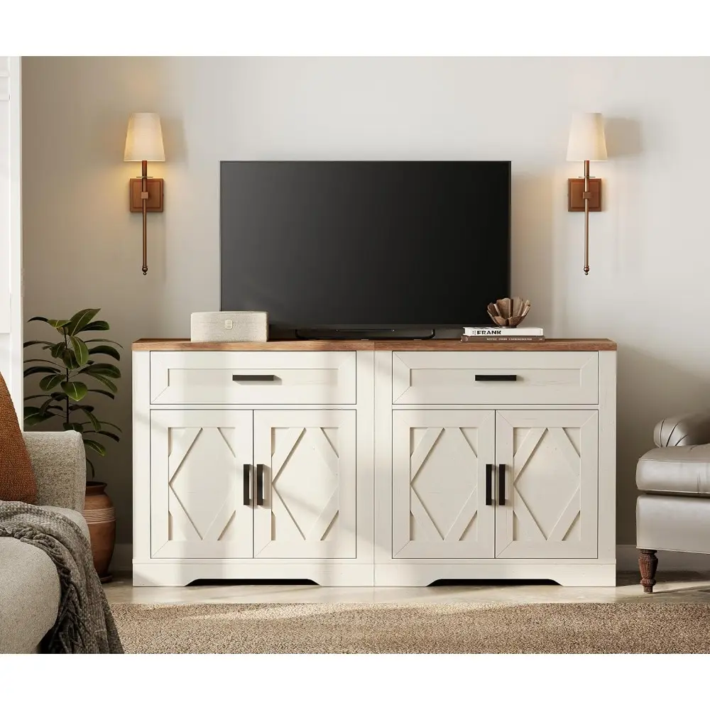 2 Pieces Modern Farmhouse Large Sideboard Cabinet,Wood Barn Door Buffet Cabinet Table with Storage and Drawers for Kitchen,Dini