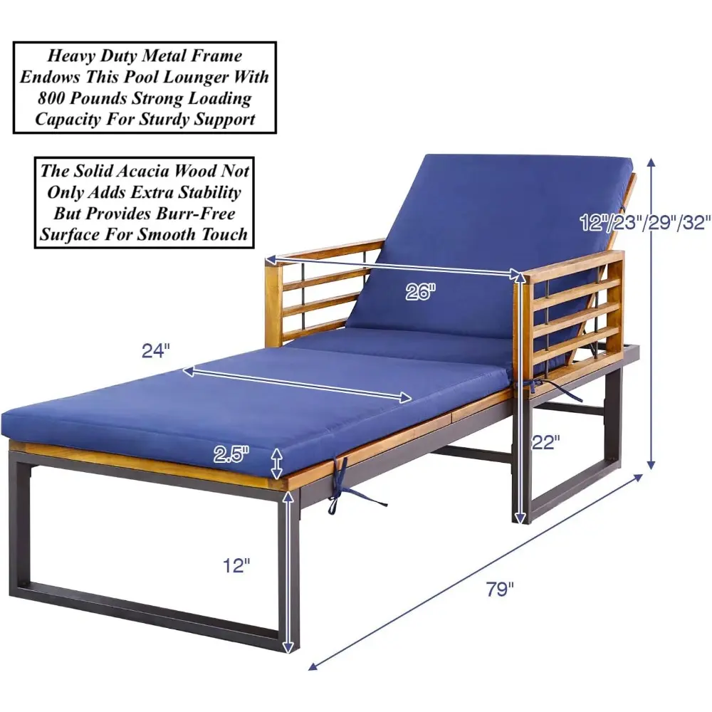 2PCS Outdoor Patio Chaise Lounge Recliner Lounge Chair Sunbathing Bed with Soft Padded Cushion 4-Level Adjustable Backrest Posit