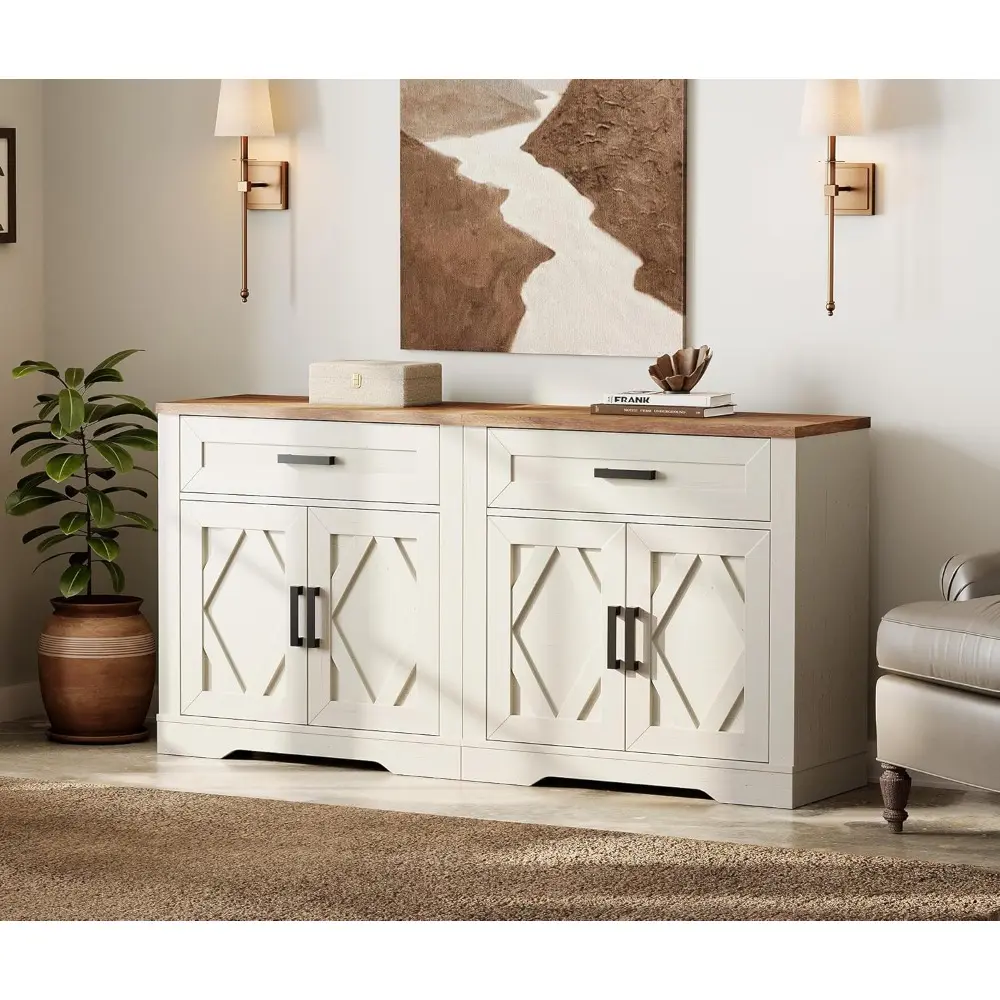 2 Pieces Modern Farmhouse Large Sideboard Cabinet,Wood Barn Door Buffet Cabinet Table with Storage and Drawers for Kitchen,Dini