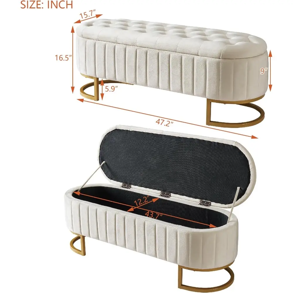 Velvet Storage Ottoman with Button-Tufted, Elegant Upholstered Storage Bench with Metal Legs for Bedroom, Living Room, Fully Ass