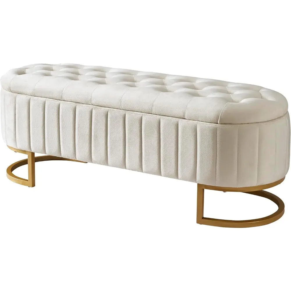 Velvet Storage Ottoman with Button-Tufted, Elegant Upholstered Storage Bench with Metal Legs for Bedroom, Living Room, Fully Ass