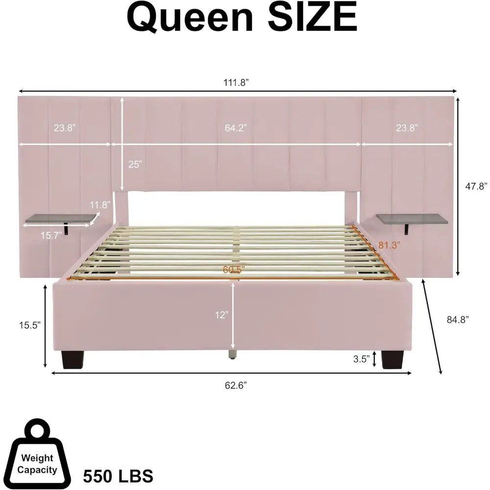 Queen Size Modern Velvet Upholstered Bed Frame with Floating Nightstands, Platform Bed with Oversized Tuffted Wingback Headboard