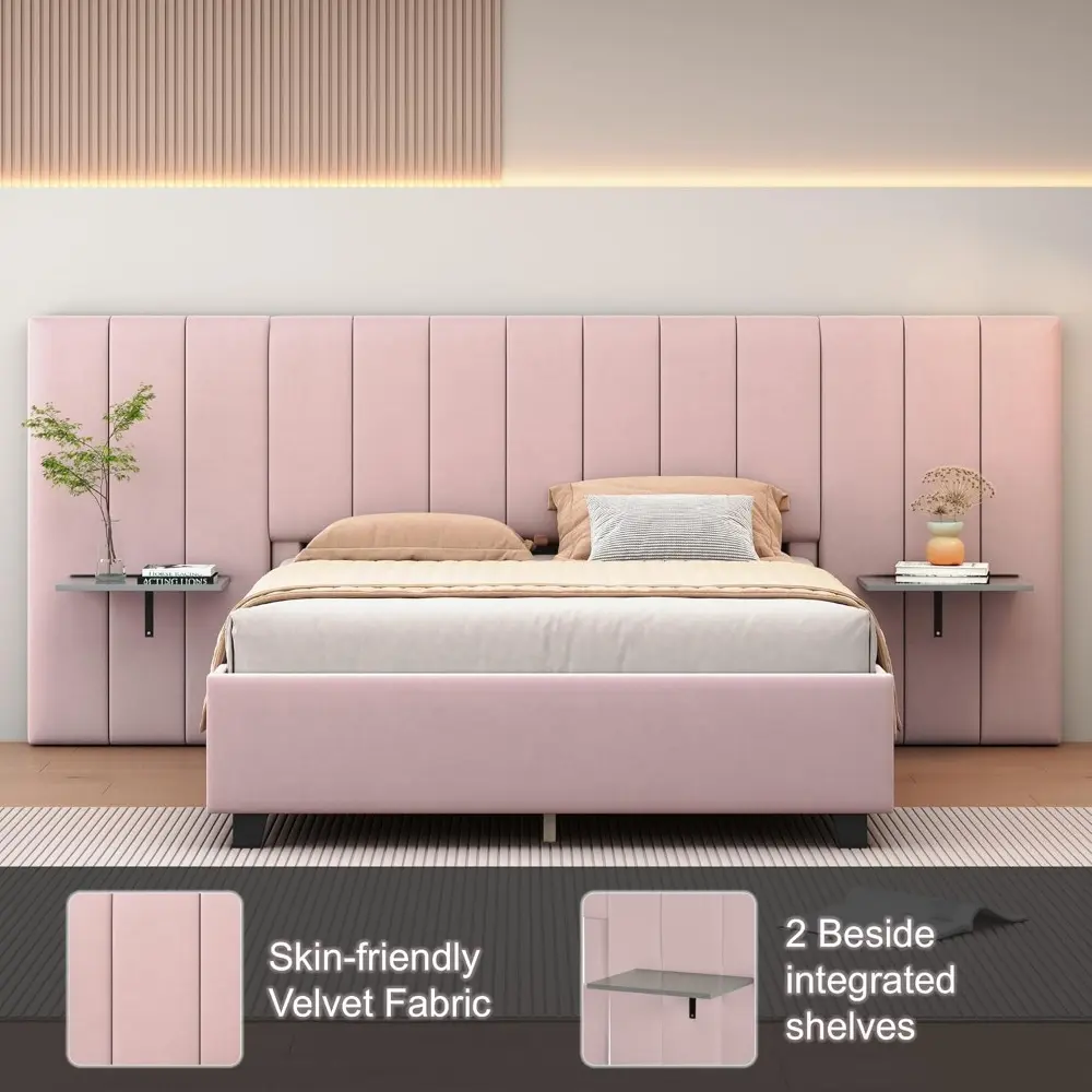 Queen Size Modern Velvet Upholstered Bed Frame with Floating Nightstands, Platform Bed with Oversized Tuffted Wingback Headboard