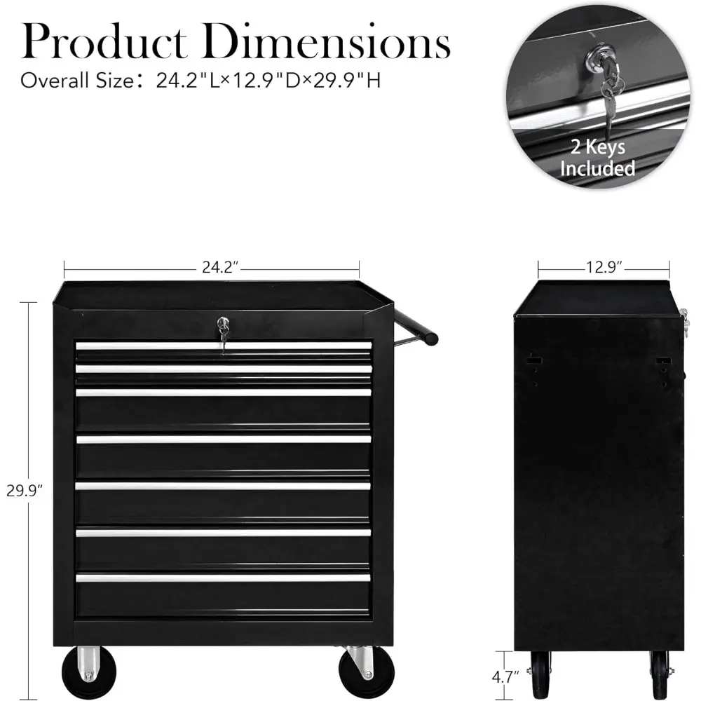 Tool Chest with 7 Drawers, Tool Cart with 7 Organizer Tray Divider Set & Wheels, Rolling Tool Box Organizer for Garage, Workshop