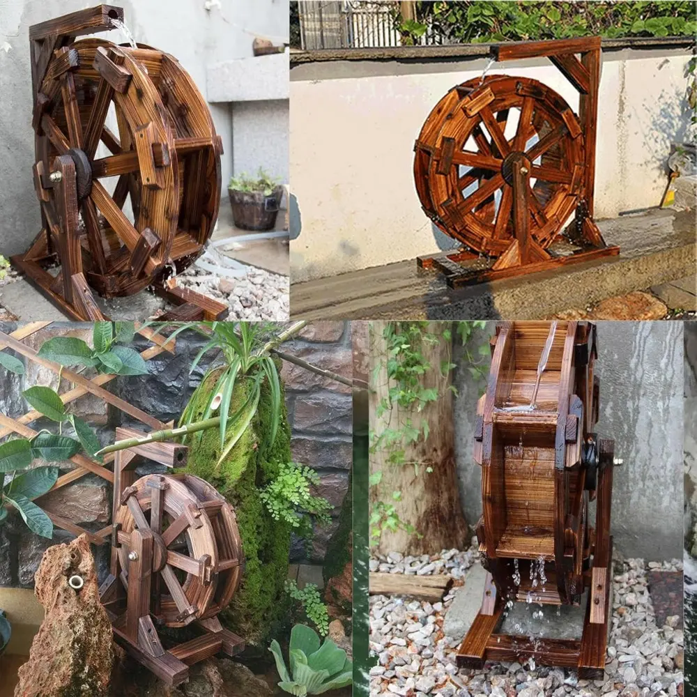 Water Wheel Fountain Outdoor Garden with Stand, Outdoor Water Fountains and Waterfalls, Wooden Water Wheel Fountain for Patio Po