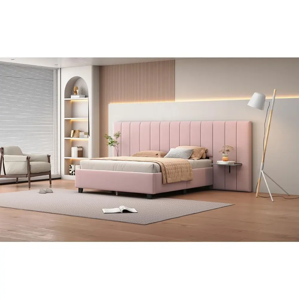 Queen Size Modern Velvet Upholstered Bed Frame with Floating Nightstands, Platform Bed with Oversized Tuffted Wingback Headboard