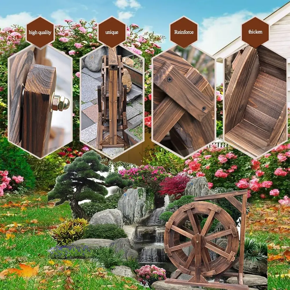 Water Wheel Fountain Outdoor Garden with Stand, Outdoor Water Fountains and Waterfalls, Wooden Water Wheel Fountain for Patio Po