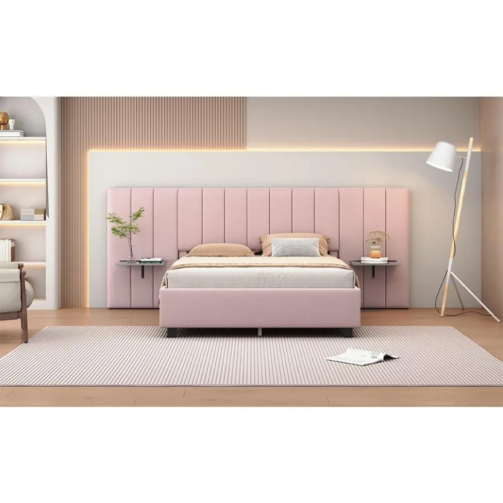 Queen Size Modern Velvet Upholstered Bed Frame with Floating Nightstands, Platform Bed with Oversized Tuffted Wingback Headboard