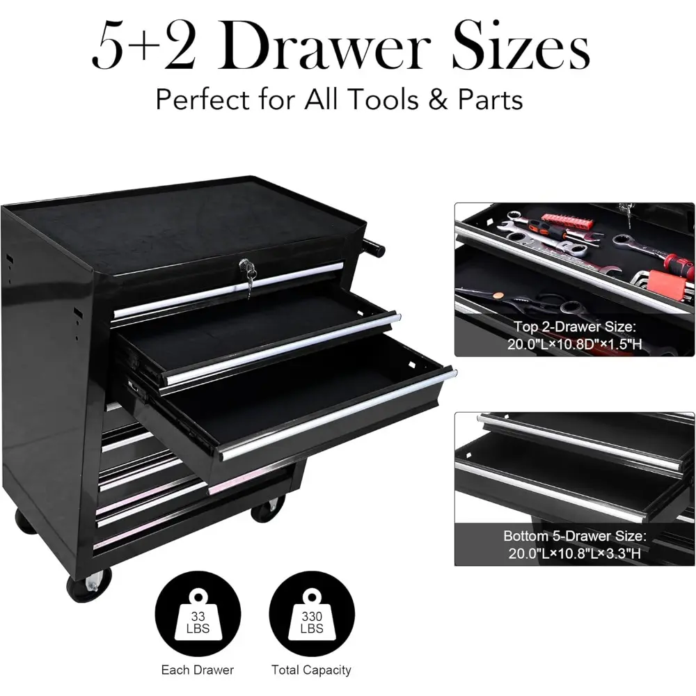 Tool Chest with 7 Drawers, Tool Cart with 7 Organizer Tray Divider Set & Wheels, Rolling Tool Box Organizer for Garage, Workshop