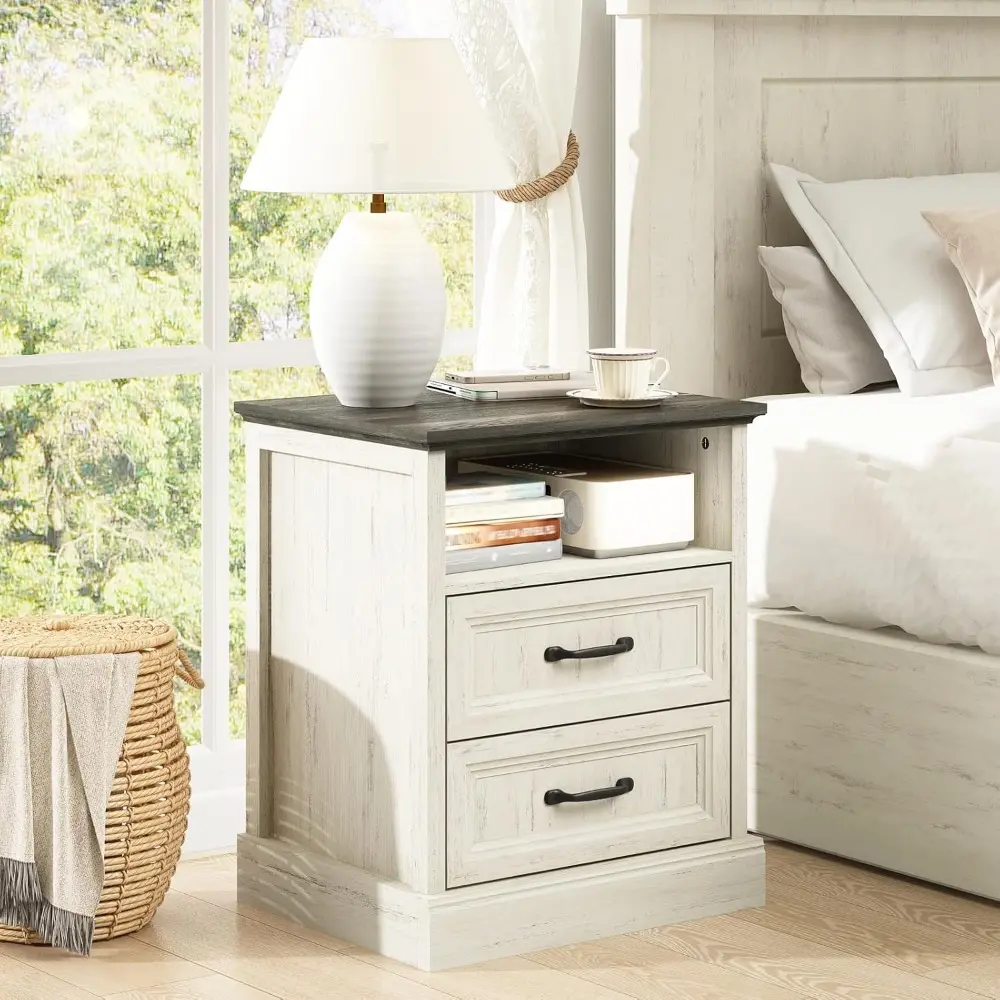 20" Farmhouse Nightstand Set of 2, End Table with 2 Large Drawers & Open Storage, Side Table, Bedside Table for Bedroom, Living