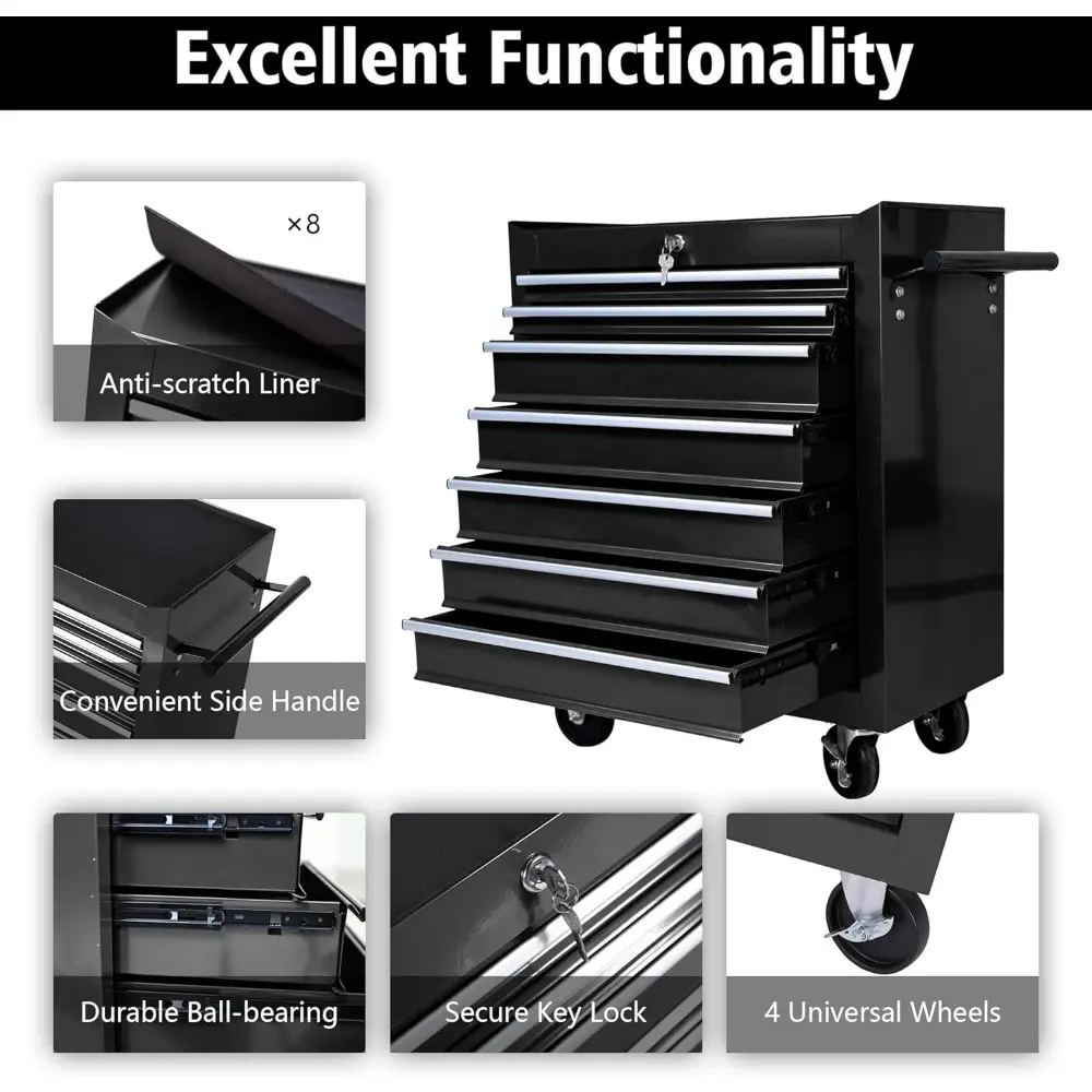 Tool Chest with 7 Drawers, Tool Cart with 7 Organizer Tray Divider Set & Wheels, Rolling Tool Box Organizer for Garage, Workshop