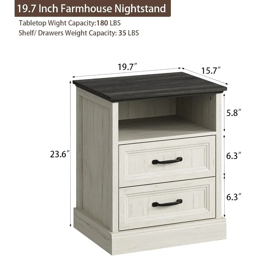 20" Farmhouse Nightstand Set of 2, End Table with 2 Large Drawers & Open Storage, Side Table, Bedside Table for Bedroom, Living
