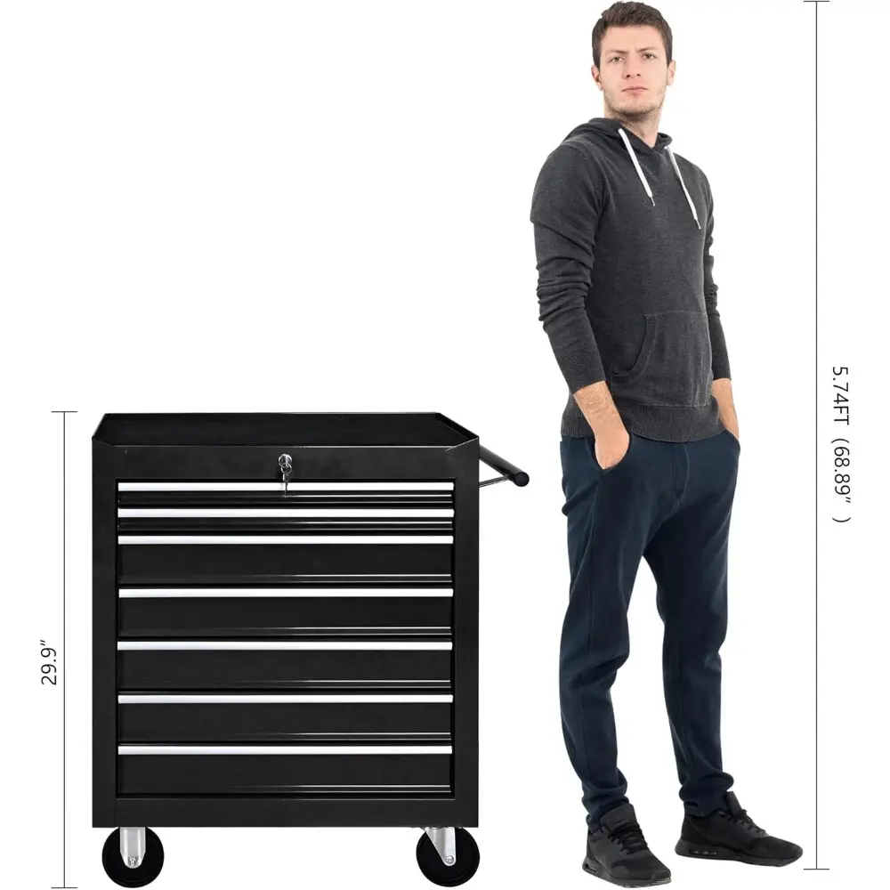 Tool Chest with 7 Drawers, Tool Cart with 7 Organizer Tray Divider Set & Wheels, Rolling Tool Box Organizer for Garage, Workshop