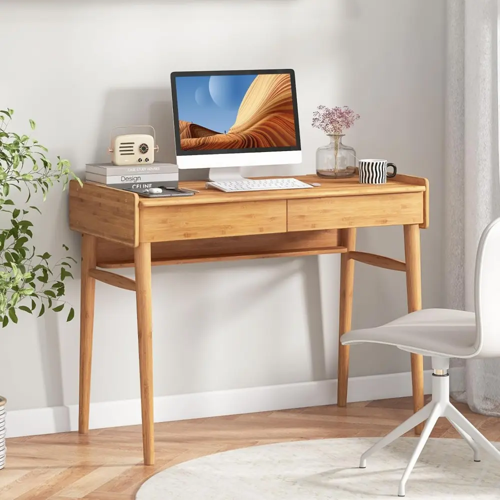 Computer Desk, 39.5" Bamboo Home Office Desk with 2 Storage Drawers and Open Shelf, Makeup Table Vanity Desk, Modern Writing De