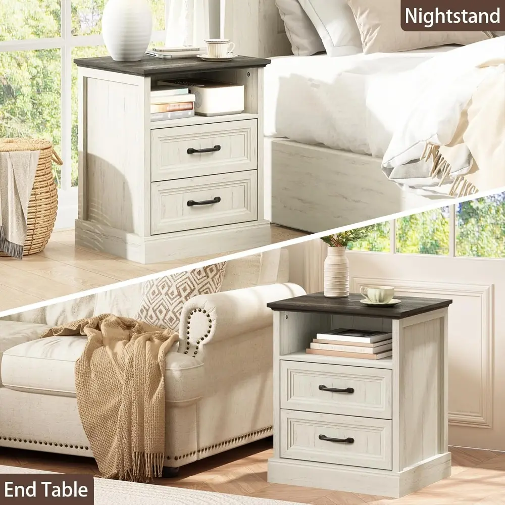 20" Farmhouse Nightstand Set of 2, End Table with 2 Large Drawers & Open Storage, Side Table, Bedside Table for Bedroom, Living