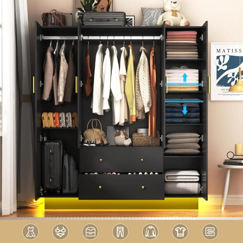 4 Doors Armoire Wardrobe Closet with Mirror, LED Closet with Doors and Drawers, Wooden Storage Cabinet with Hanging Rod, Adjusta