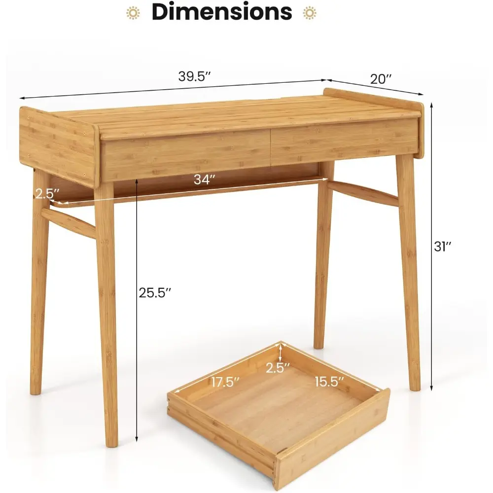 Computer Desk, 39.5" Bamboo Home Office Desk with 2 Storage Drawers and Open Shelf, Makeup Table Vanity Desk, Modern Writing De