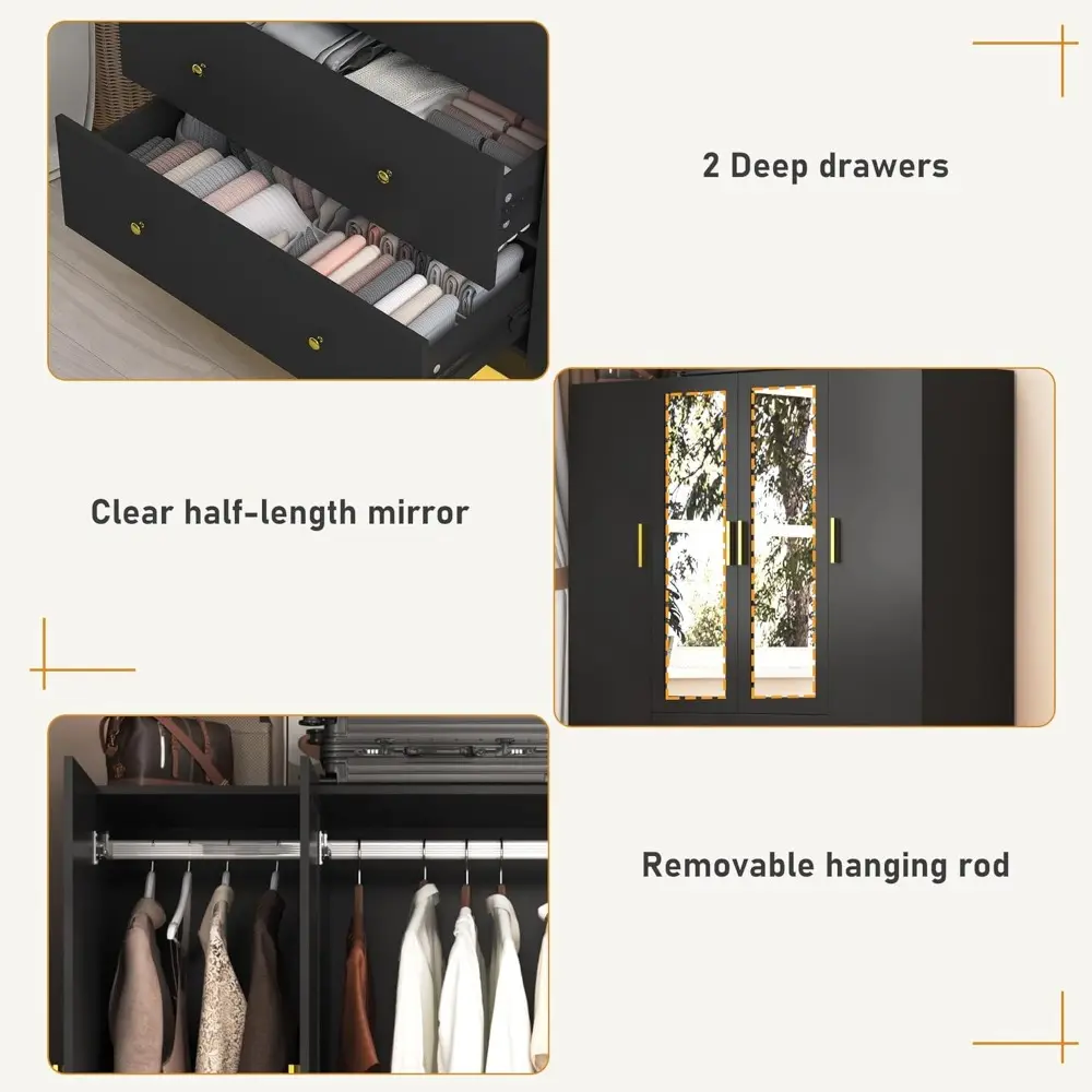 4 Doors Armoire Wardrobe Closet with Mirror, LED Closet with Doors and Drawers, Wooden Storage Cabinet with Hanging Rod, Adjusta