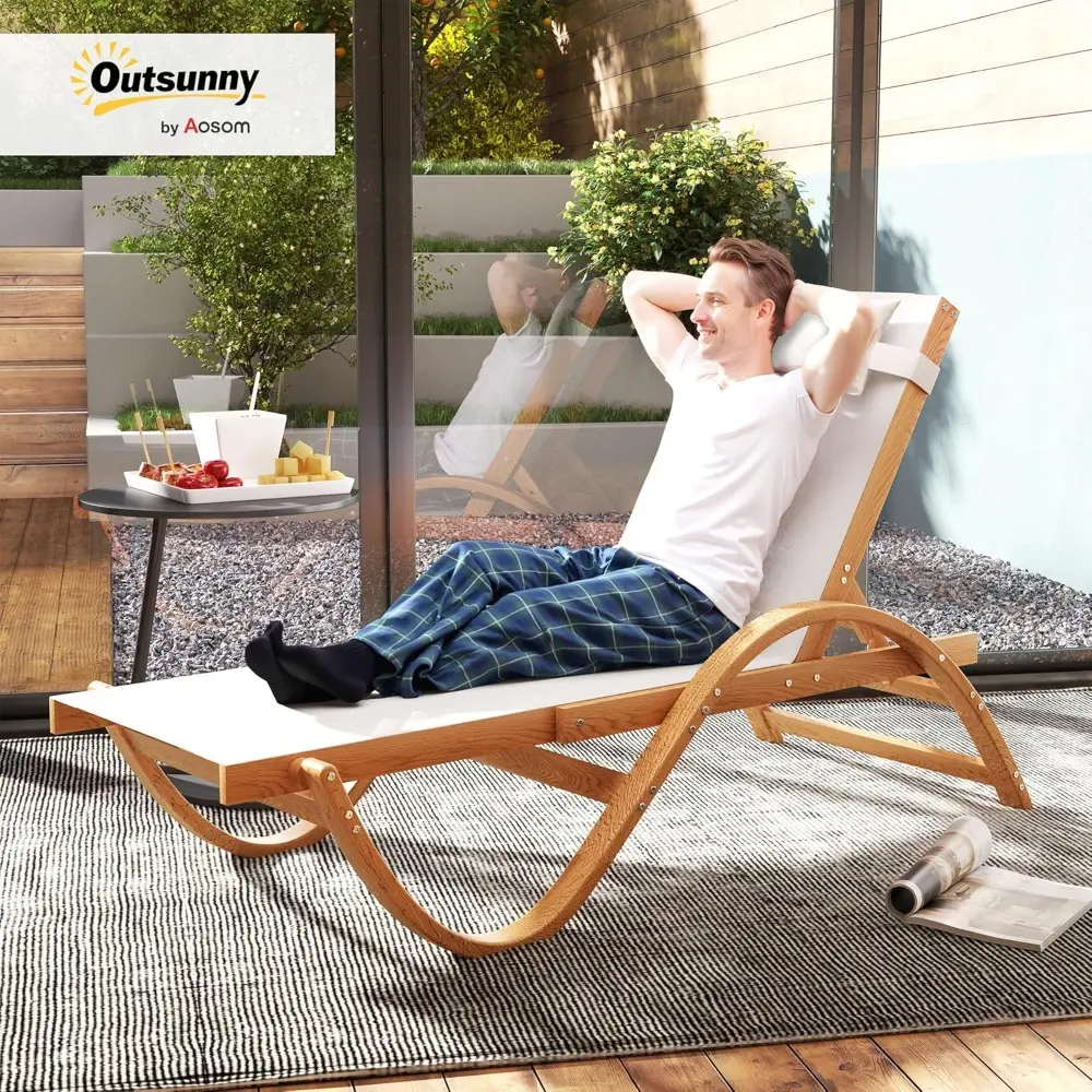 Larch Wood Lounge Chair, 4-Level Adjustable Tanning Chair, Full Flat Patio Lounger with Mesh Seat, Outdoor Sun Chaise