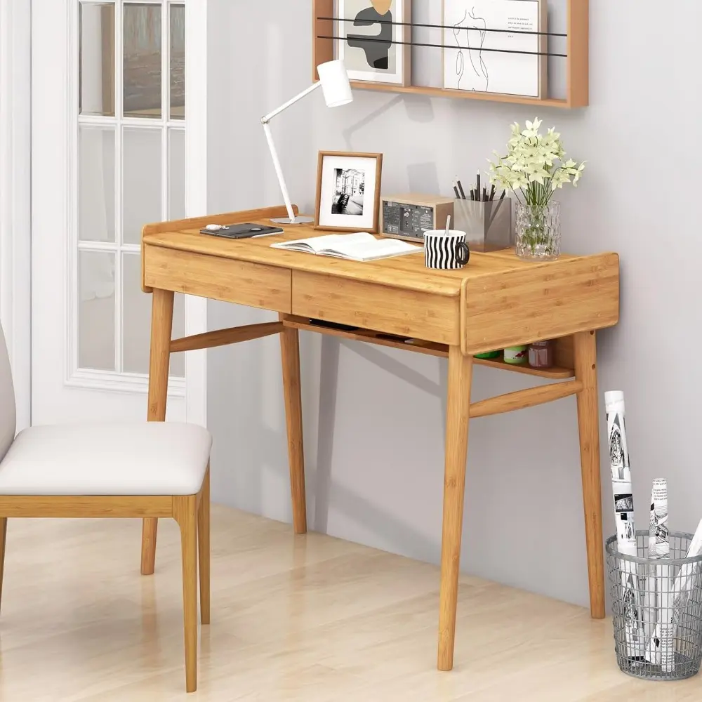 Computer Desk, 39.5" Bamboo Home Office Desk with 2 Storage Drawers and Open Shelf, Makeup Table Vanity Desk, Modern Writing De