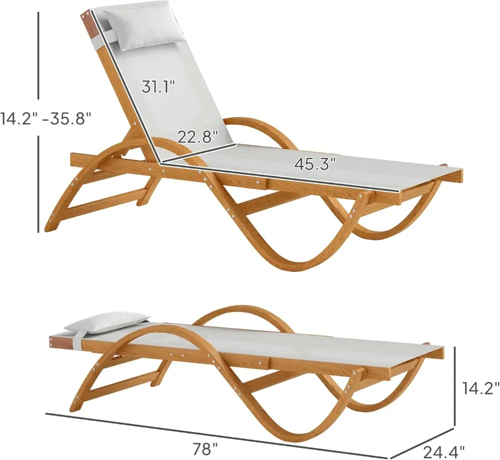 Larch Wood Lounge Chair, 4-Level Adjustable Tanning Chair, Full Flat Patio Lounger with Mesh Seat, Outdoor Sun Chaise