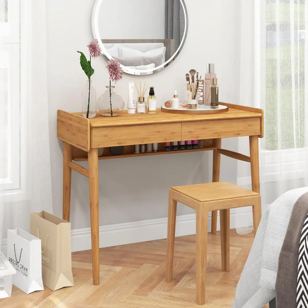 Computer Desk, 39.5" Bamboo Home Office Desk with 2 Storage Drawers and Open Shelf, Makeup Table Vanity Desk, Modern Writing De