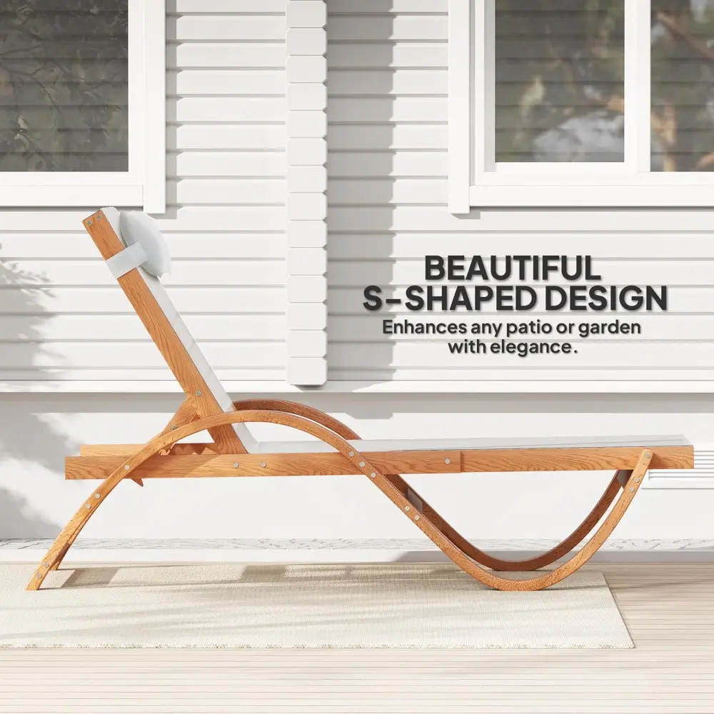 Larch Wood Lounge Chair, 4-Level Adjustable Tanning Chair, Full Flat Patio Lounger with Mesh Seat, Outdoor Sun Chaise